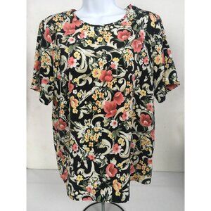 Kathie Lee Top Size 10 Black w Yellow Pink White Floral Short Sleeves Round Neck